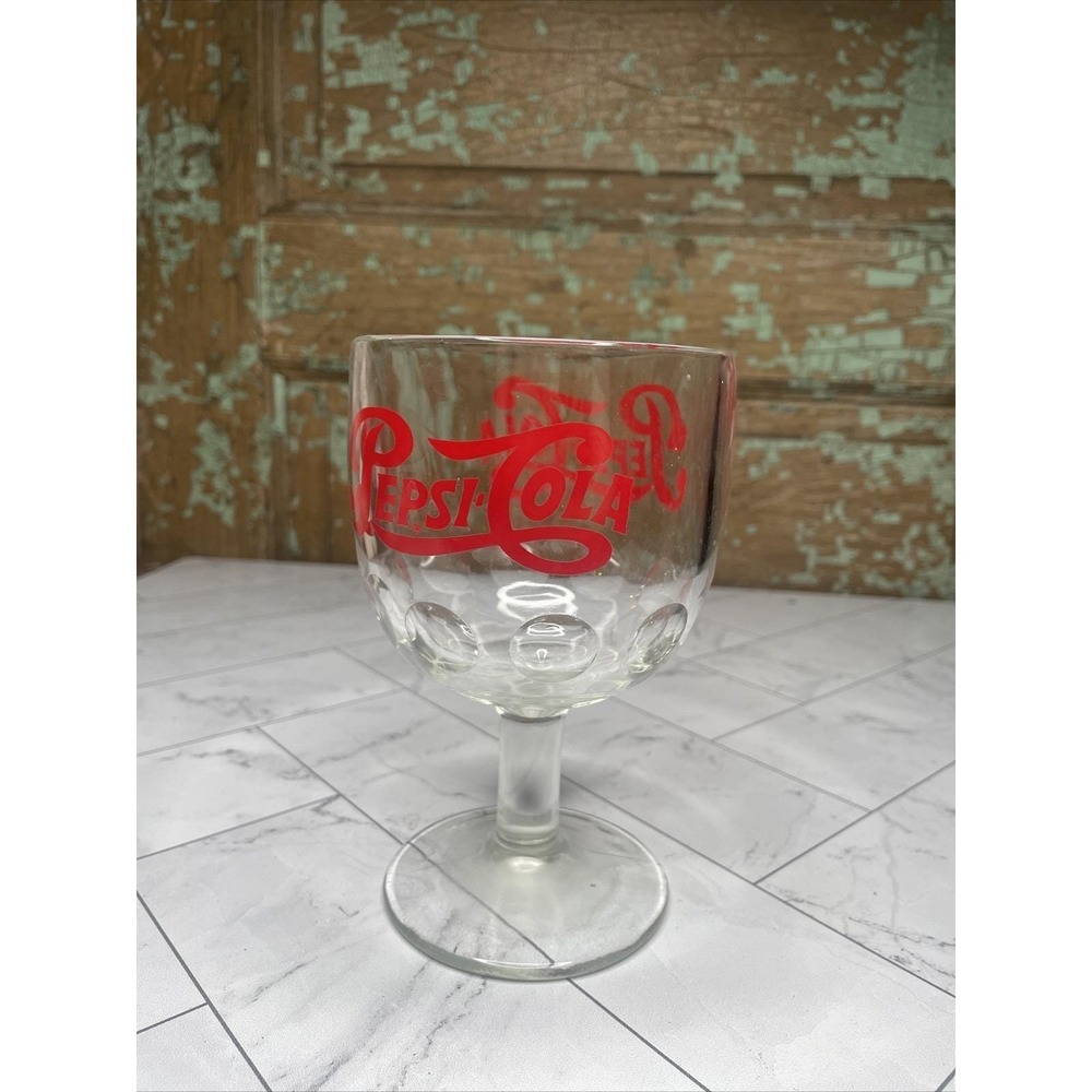 Vintage PEPSI COLA Glass Pedestal Goblet Thumbprint Schooner, Red Letter, 6"